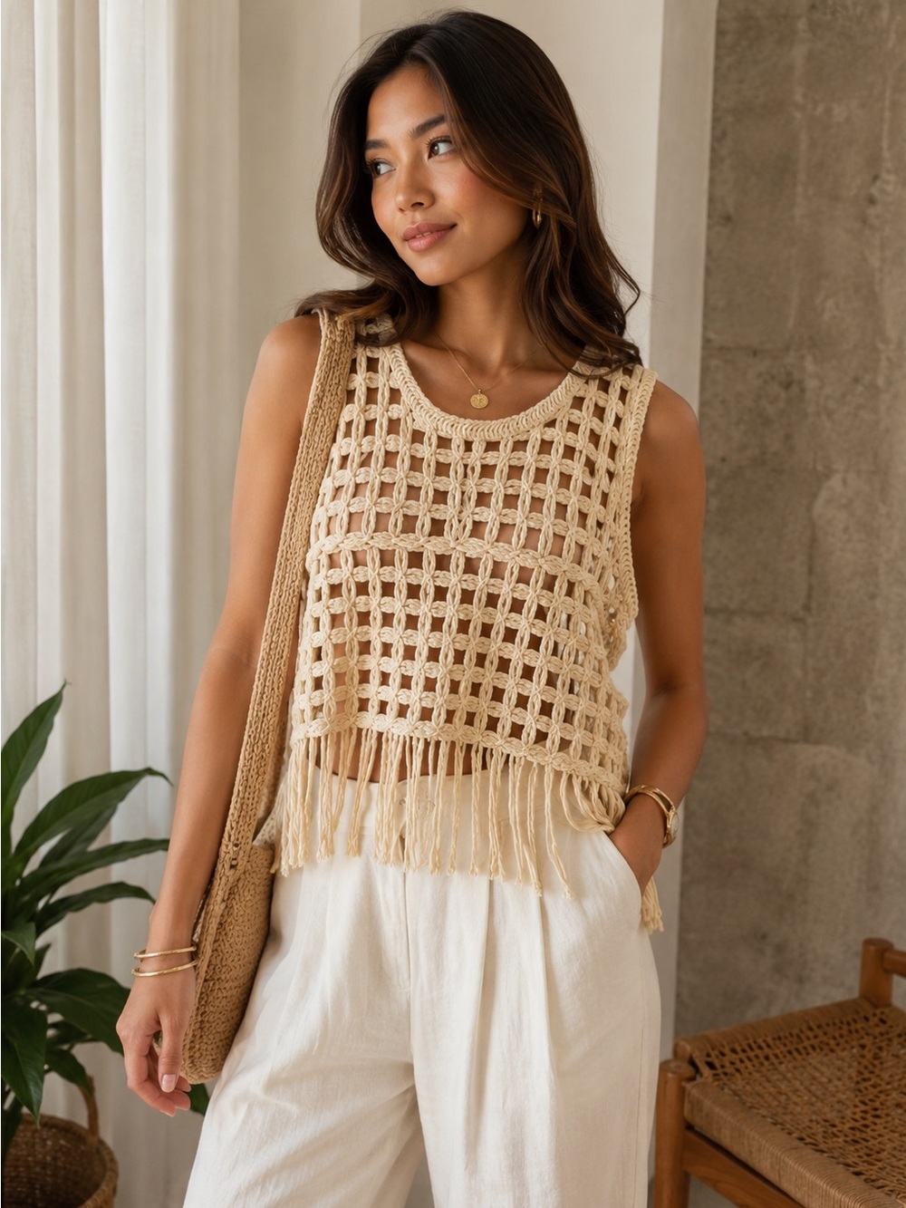 ADORA Beige Crochet Fringe Tank Top